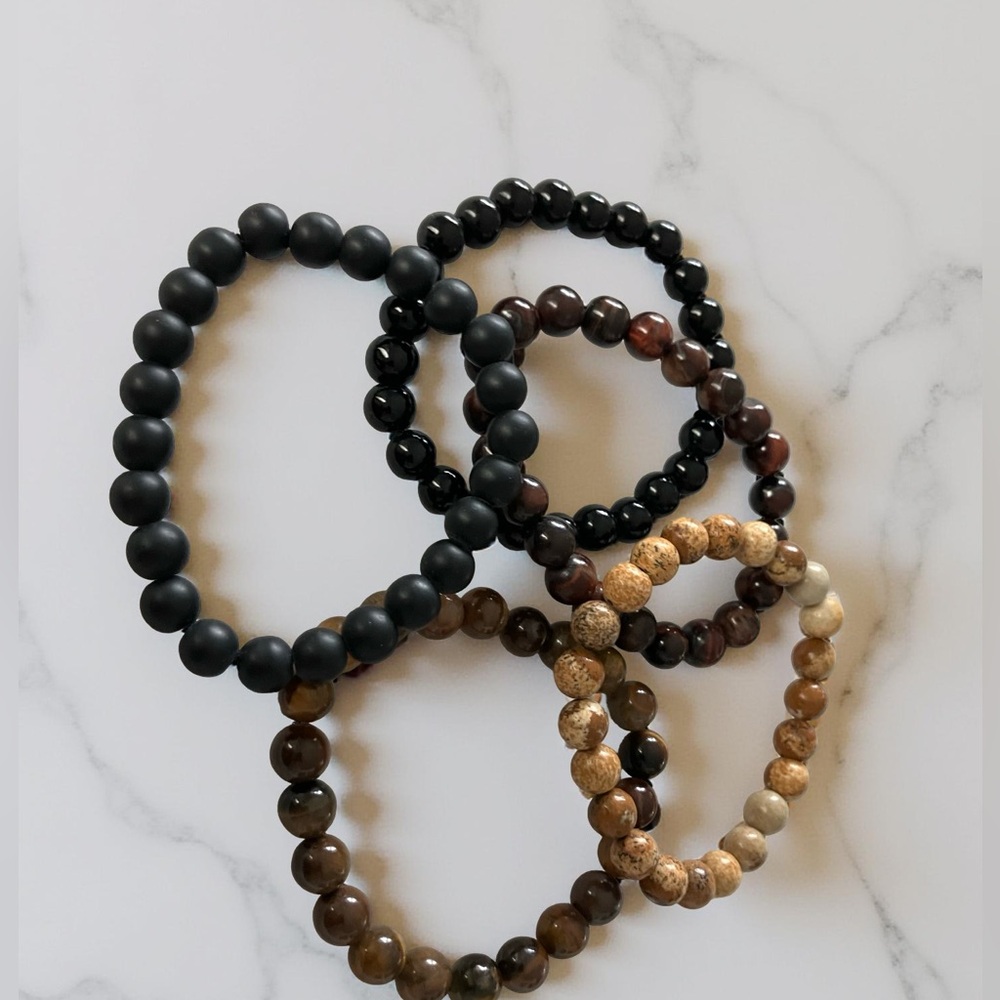 Set 5 Beaded Bracelets Stackable Stretch Brown Bl… - image 6